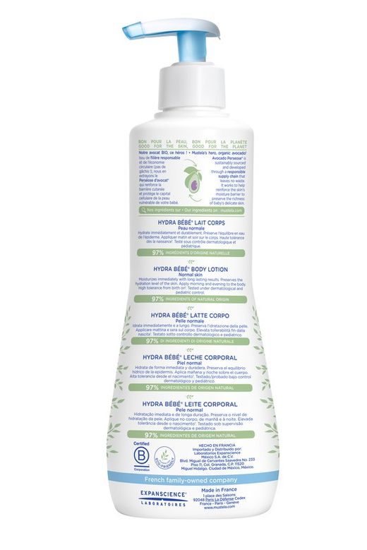 Mustela Hydra bebé leche corporal con Aguacate BIO 500ml